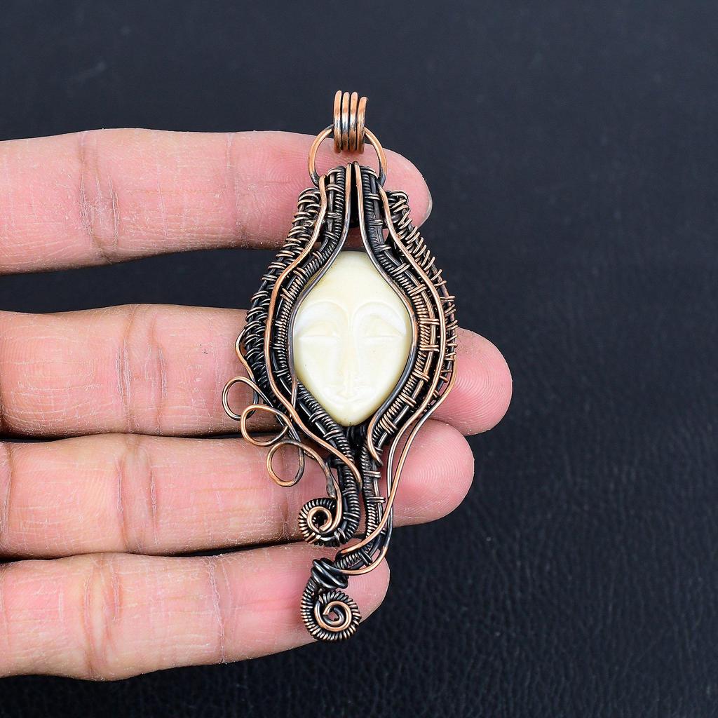 Carved Face 999 Copper Wire Wrapped Pendant, Handmade Gemstone Pendant Jewelry, Gifts For Wife Brand New Pendant
