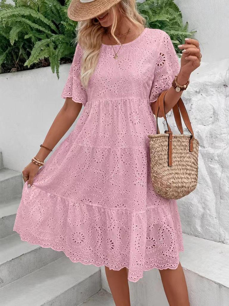 European Fashion 2025: Solid Color Cotton Embroidered Lace Dress