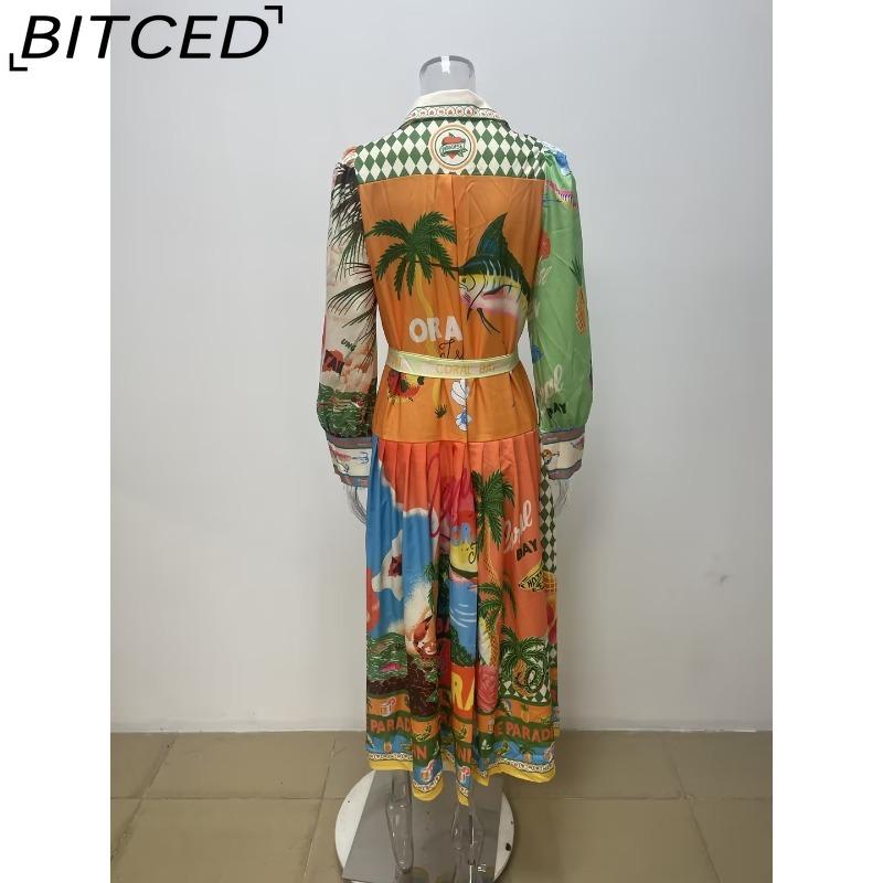 BITCED Frühlings Damen Bedrucktes Laternenärmel Figurbetontes Langarm Vollrock Kleid