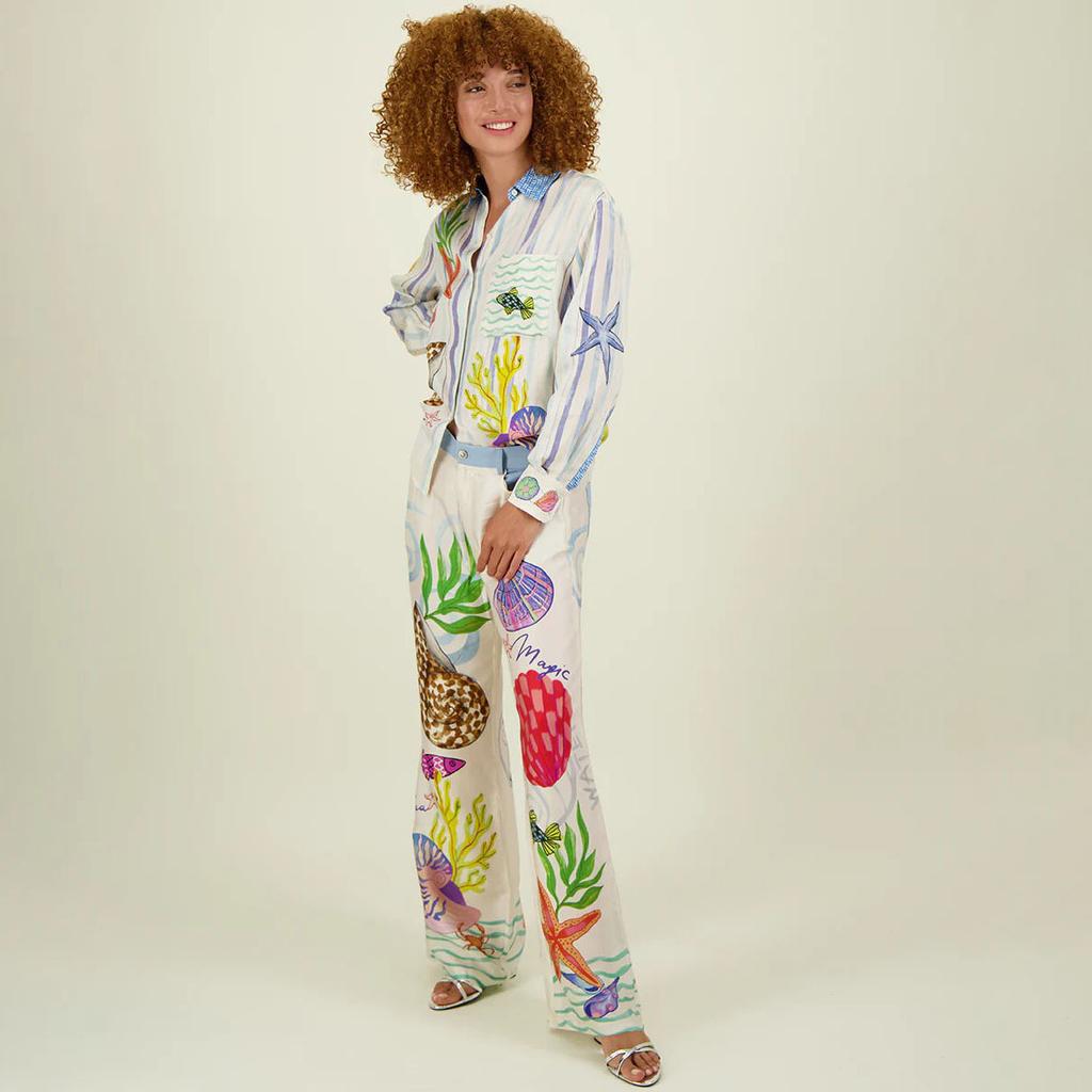 Satin Print Loose Pants Sets Women Causal Long Sleeve Shirts Two Piece Sets Female Outfits Streetwear