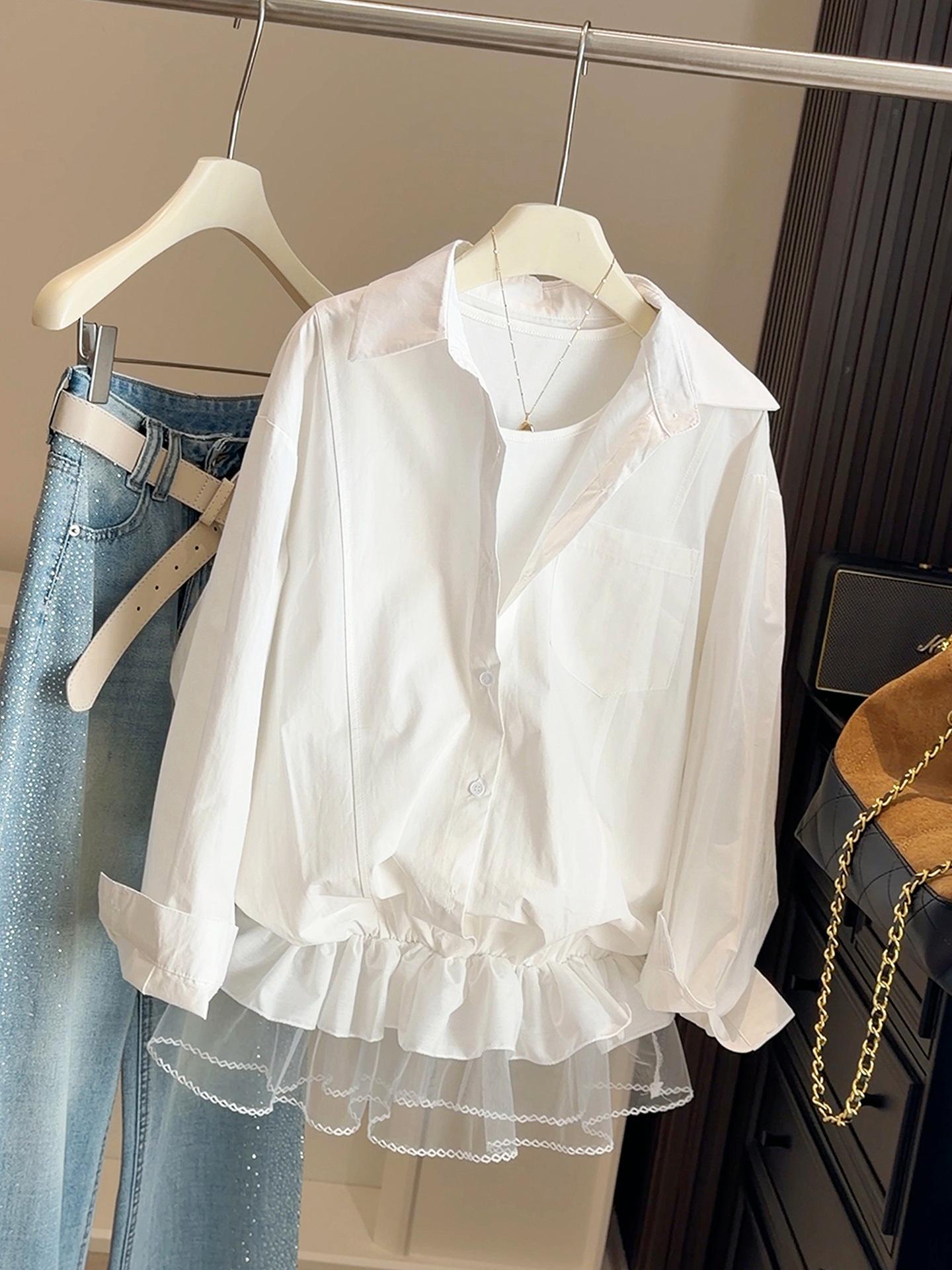 Korean-Style Women s Ruffled Hem Mesh Top - Spring 2026 Slimming Two-Piece Look One size белый