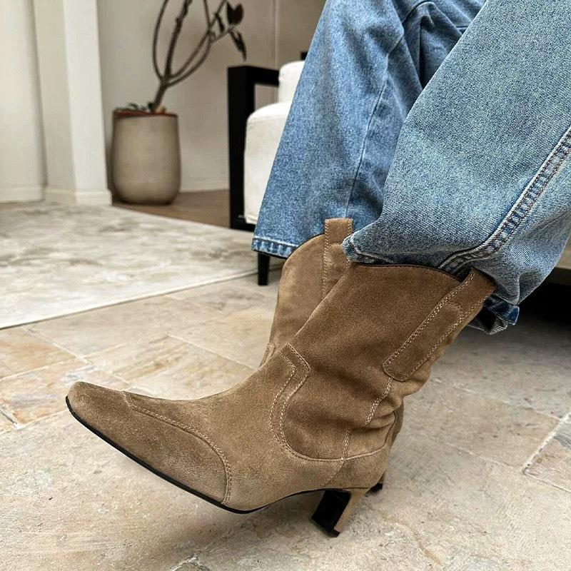 Korean version of niche suede face square head middle heel thin boots women's 2025 autumn and winter velvet western cowboy boots short boots