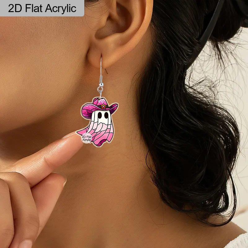 2D Flat Acrylic Halloween Pink Ghost Dangle Earrings Women's Accessories Charming Jewellery Gift