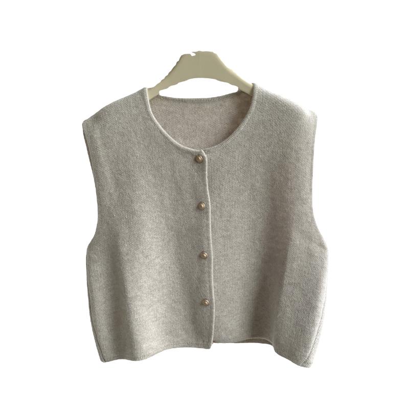 Korean-Style Slimming Knitted Vest with Gold Buttons - Women's Round Neck, Loose Sleeveless Top