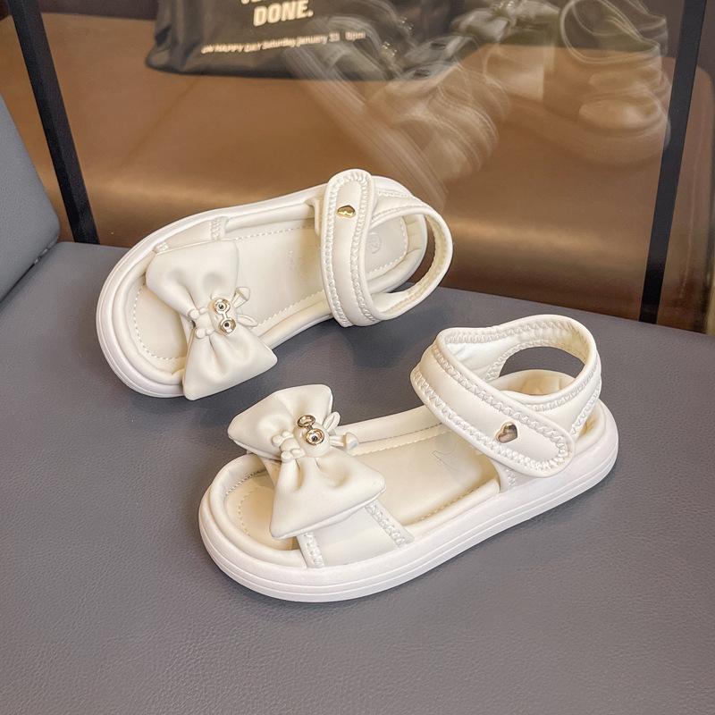 2024 New Children's Sandals Girl Solid Color Summer Princess Cute Rabbit Beach Sandals Fashion Bowtie Kids Causal School Sandals