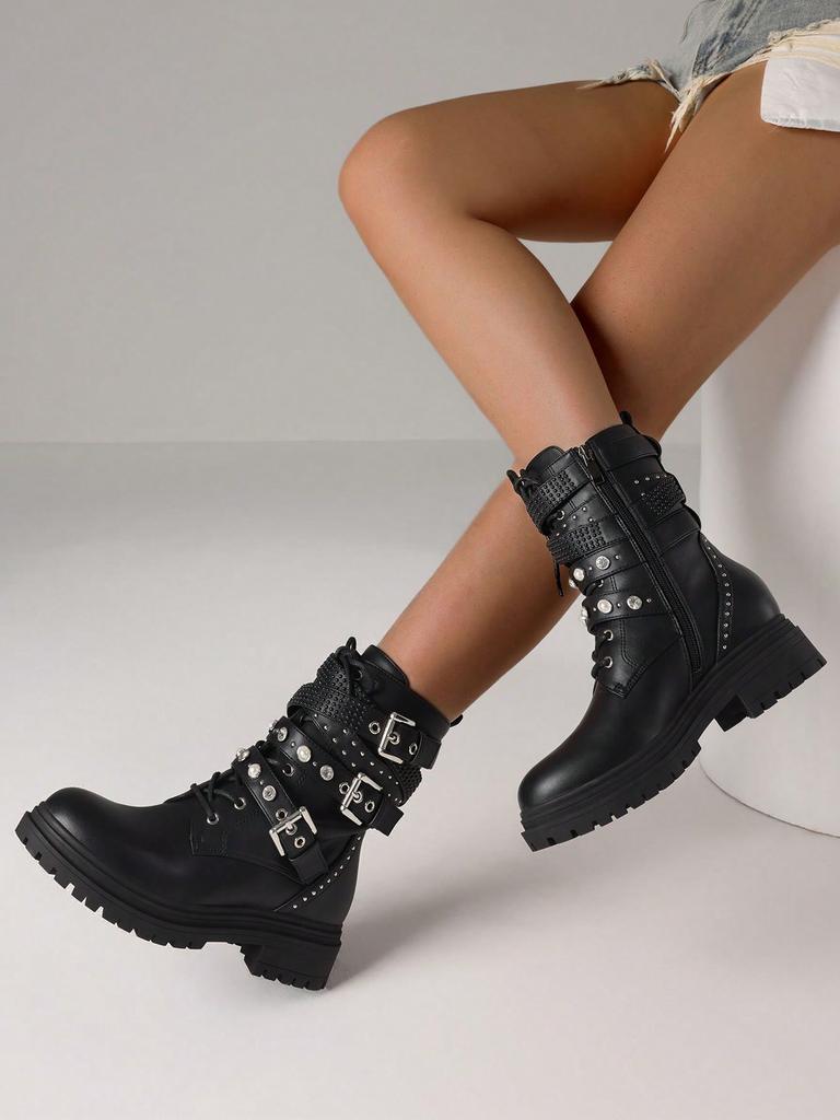 Damen Punk Kampfstiefel Herbst Knöchel Schnalle Riemen Nieten Perlen Strasssteine Seitlicher Reißverschluss Plateau Schnürschuhe Herbstschuhe
