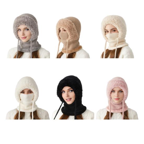 3 In 1 Knitted Hat Women Soft Plush Winter Scarf with Face Guard Adjustable Straps Windproof Hooded Design Scarf