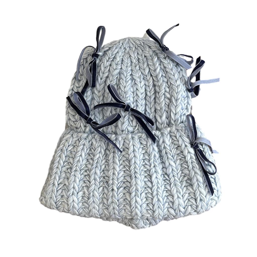 Delicate Velvet Bowknot Beanie Adult Elastic Hat Winter Warmer Knitted Hat Cold Winter Presents for Students Teenagers