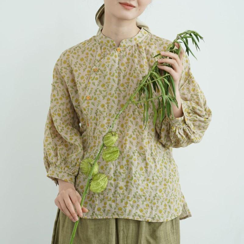 Johnature Women Vintage Print Floral Shirts Tops Stand Puff Sleeve Blouses Summer Chinese Style Female Shirts