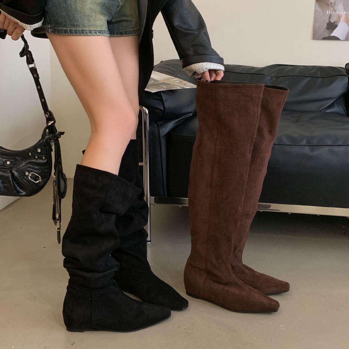 

2025 осень замшевые с внутренней высотой на танкетке тонкие ботфорты высокие рыцарские ботфорты выше колена теплые женские ботинки 39 кофейный