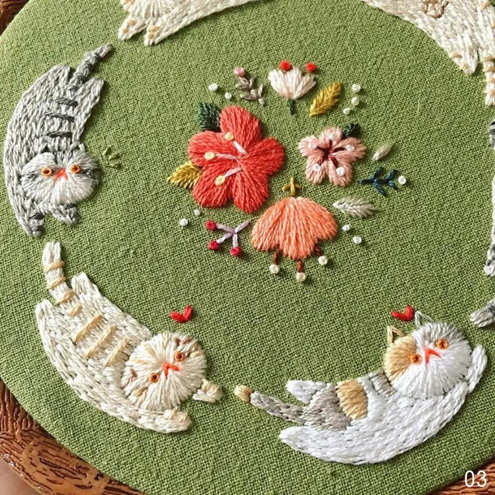 DIY Flower Cat Embroidery Handcraft Needlework Cross Stitch Kit Cotton Embroidery Painting Embroidery Hoop Home Decor