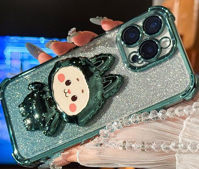 Cute Cartoon Mirror Phone Holder Glitter Gradient Plating Phone Case Cover for iPhone 17 16 15 14 13 12 11 Pro Max Plus Air