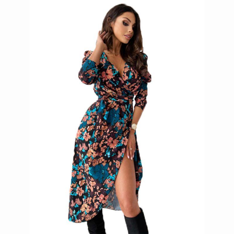European Station Spring and Autumn New Fashion V-neck Floral Lace-up Waist Split Mid Length Long Length Long-Sleeved Dress Women's Dress