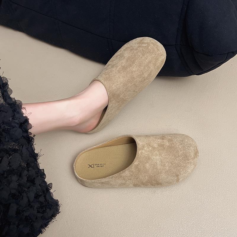 Fashion 2025 Women's Slippers Closed Toe Round Toe Suede Clogs Sandals Autumn New Retro Solid Color Flat Bottom Women's Slingback Shoes