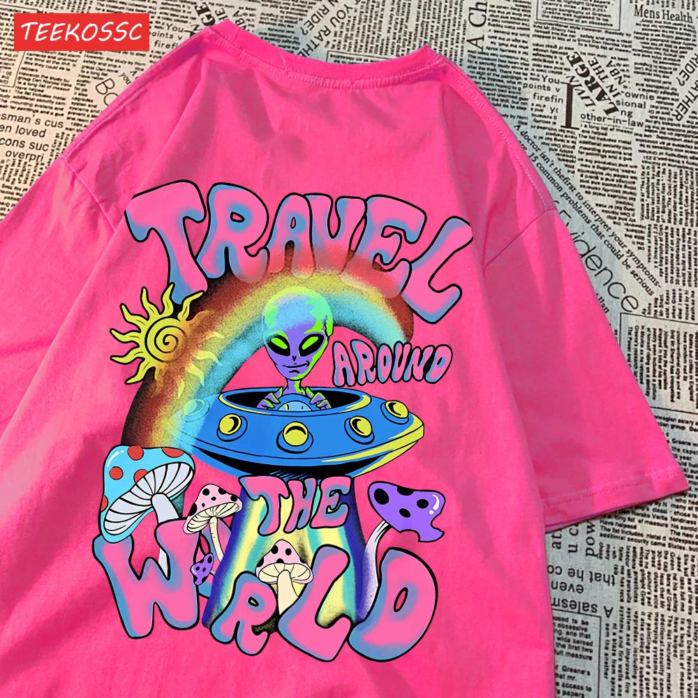 Mode Baumwolle Damen T-Shirts Alien UFO Weltreise Drucke Kurzarm Rundhalsausschnitt Weich Atmungsaktiv Street Damen Kleidung