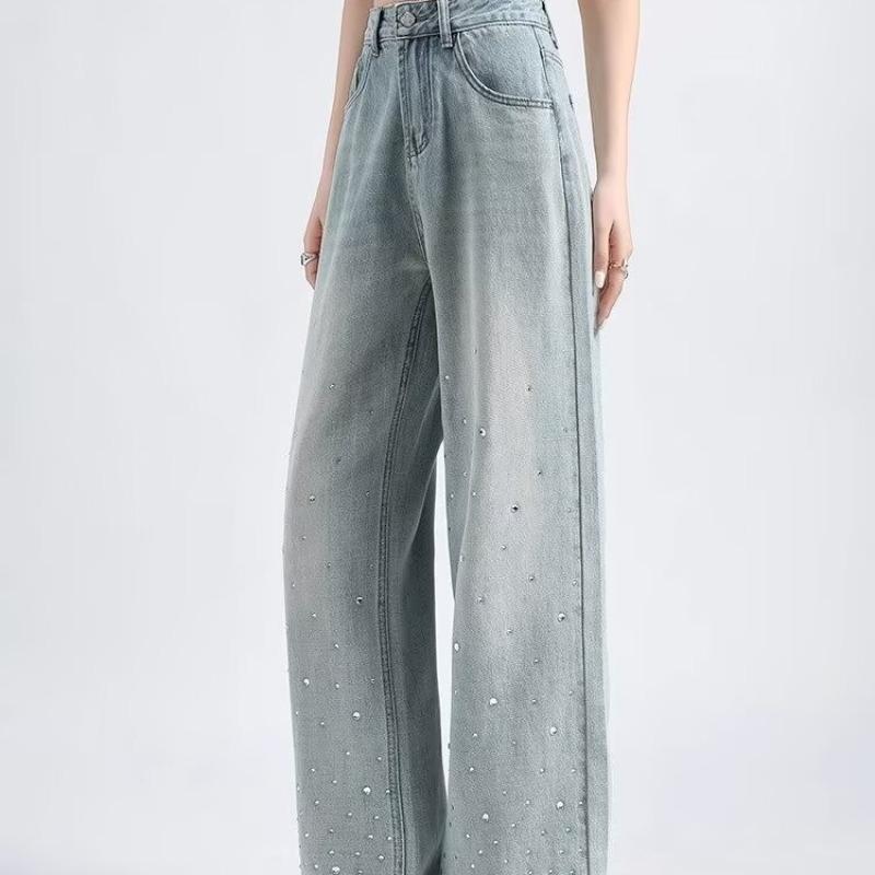 Spring & Autumn 2025 Women's High-Waisted Light Wide-Leg Jeans: Trendy Versatile Slimming Straight-Leg with Hot Drill Design.
