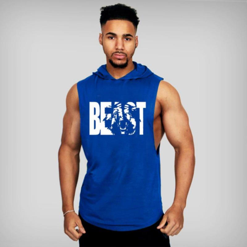 Men's Bodybuilding Fitness Sports Vest Hooded Sleeveless T-shirt Five-star Stitching Loose Large Size