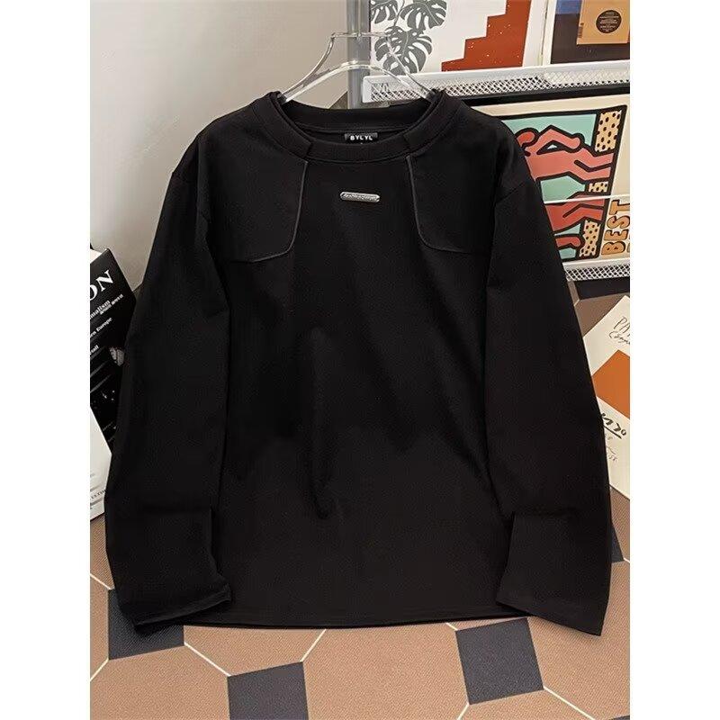 White bottoming shirt men's deconstruction shoulder padded sweater men's niche design sense heavy long-sleeved T-shirt ruffian handsome sense top