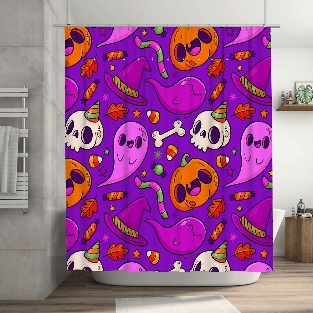 Halloween Patterned Shower Curtain Fabric Decorations for Bathrooms Purple Pumpkin Ghosts Candy Skulls Print