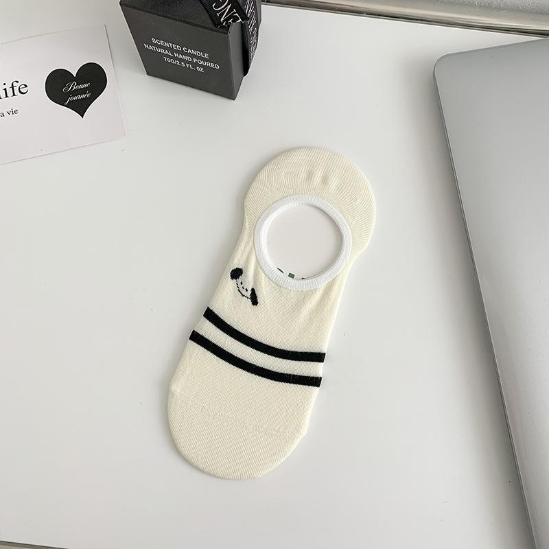 Striped Polka Dot Socks, Women's Short Socks, Spring and Summer, Thin and Cute Cartoon Dog, Low-top Shallow Black and White Boat Socks