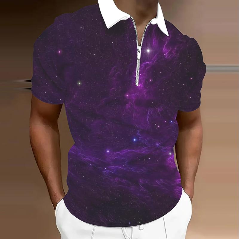 

Men s Shirt Polo Casual Zip Short Sleeve Fashion Casual Zipper Summer Spring Regular Fit 3D Starlit Sky Print Shirt 8XL фиолетовый