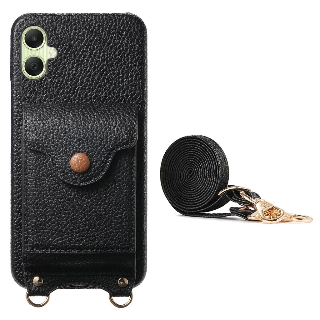 For Samsung Galaxy A06 5G/Galaxy A06 4G Case Mirror Card Holder Litchi Texture Leather Phone Back Cover with Long Strap