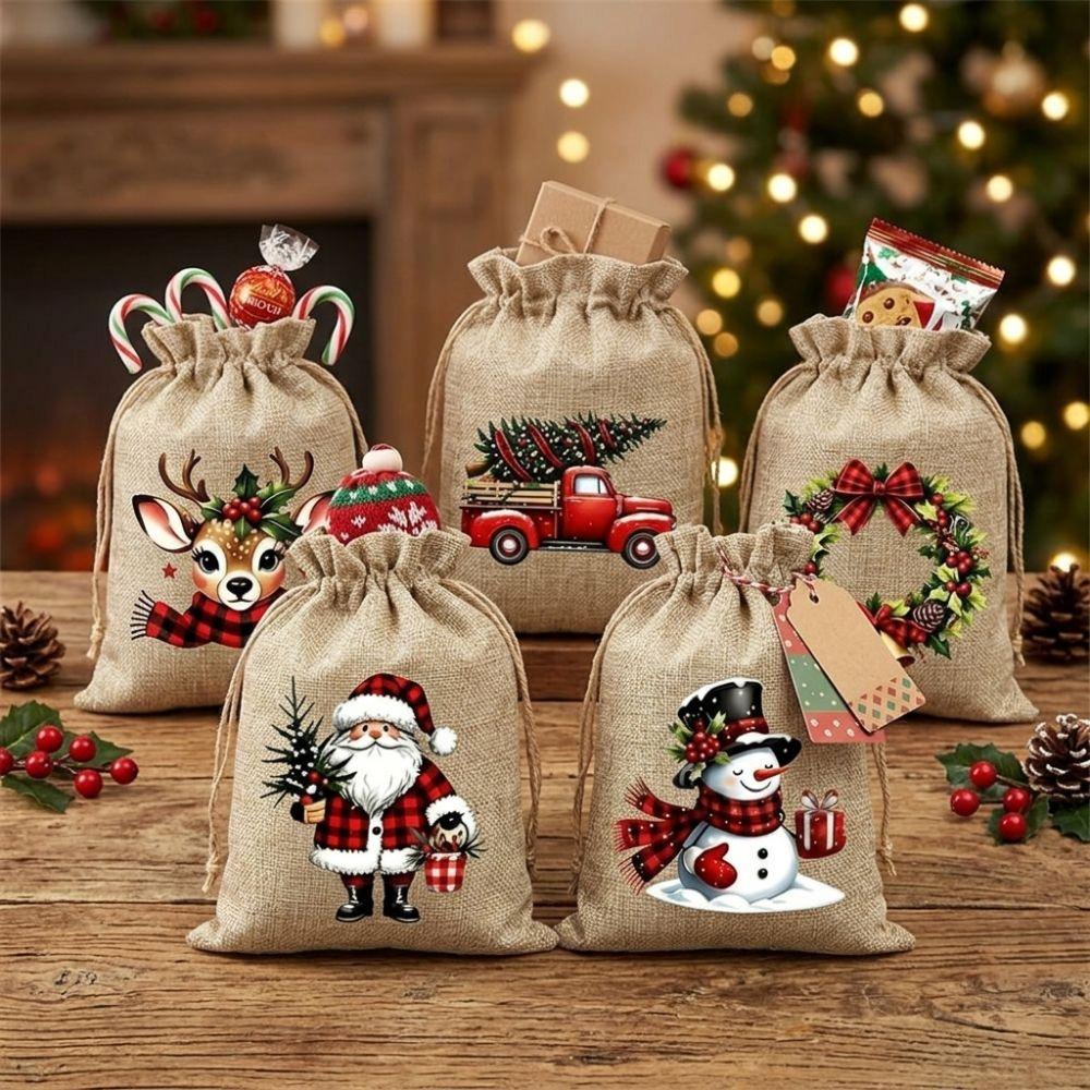 5/12Pcs Linen Style Christmas Drawstring Gift Bags Santa Claus Snowman Deer Print Snowman Reindeer Sack Vintage Red Truck
