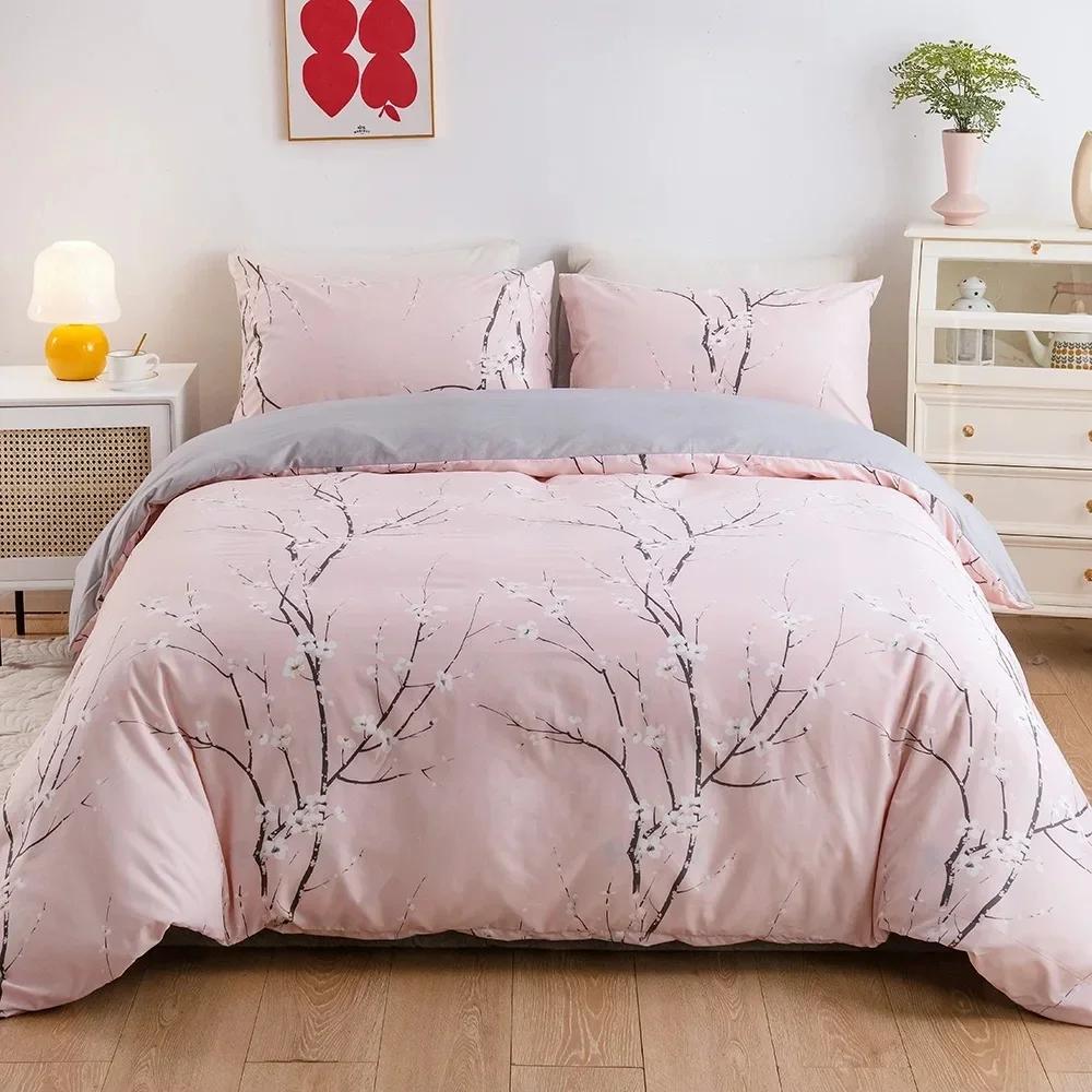 Plum Blossom Queen Duvet Cover Set Double Size Soft Durable Quilt Cover and Pillowcase Skin Friendly Blanket Cover Pillow Cases