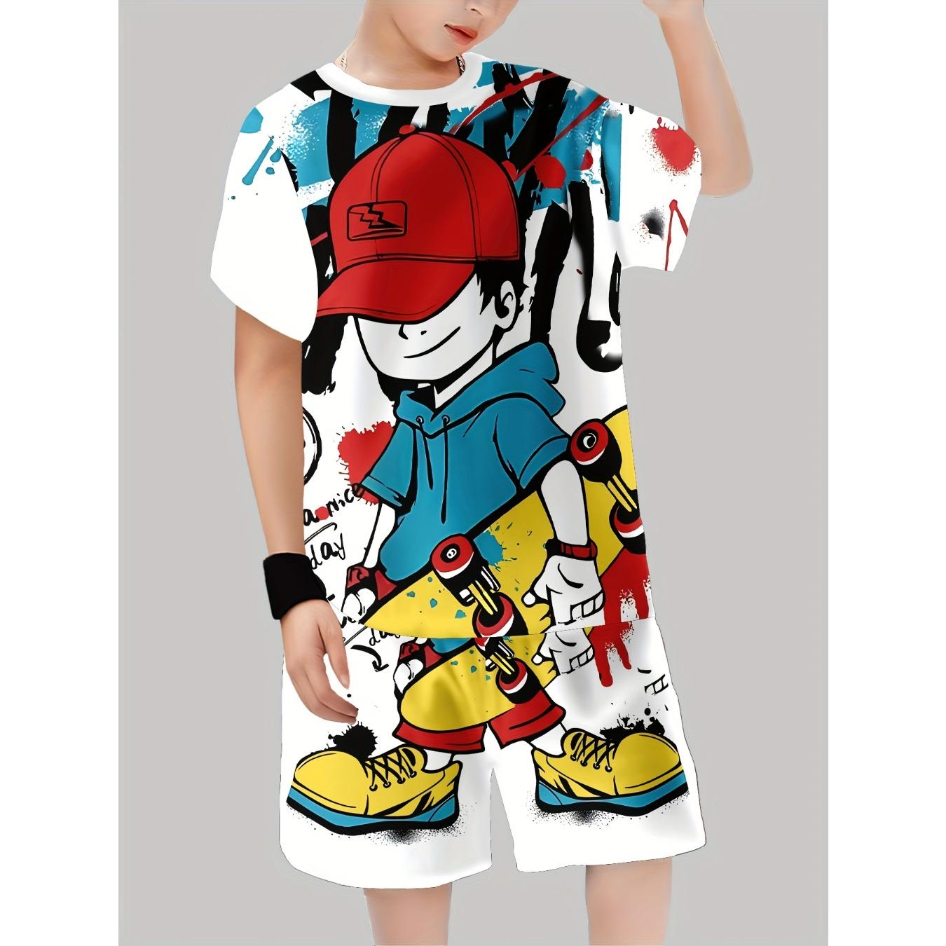 Boys  3D Printed Casual Shorts Set - Vibrant Cartoon Character Design, Short Sleeve, Regular Fit, Spring/Summer 5-6Y