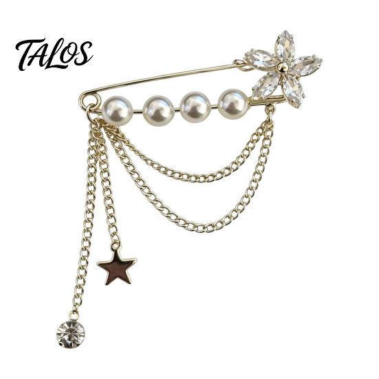 Brooch Pin for Women, Lapel Pin with Star Rhinestone Faux Pearl Tassel Design, Multi-Layered Pendant Badge for Neckline Cardigan Coat Decoration