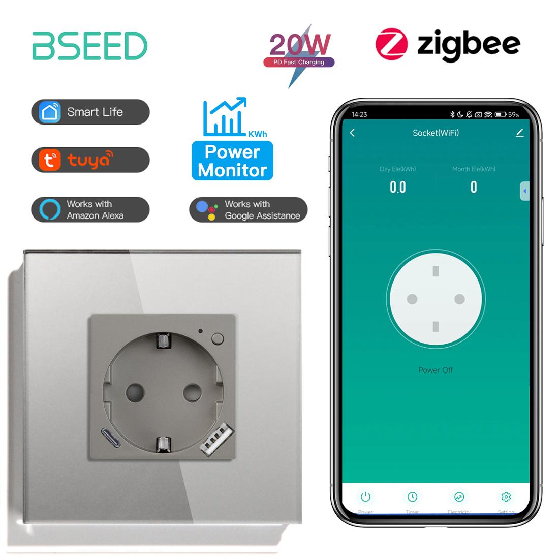 

BSEED Single Zigbee Smart Power Socket With Type-c USB Fast Charging Ports 20W Monitor Function EU Standard 86mm 2/3/4Pack 1Pack Gray