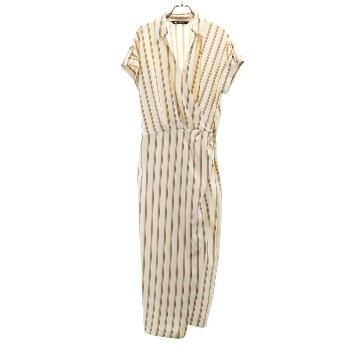 

ZARA Платье длинное с V-образным вырезом и рукавами-фонариками в полоску S молочное Женское Б/У