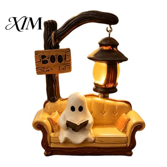 Decorative Resin Night Light Halloween Ghost Reading Book Lamp, Cute Figurine with Book, Small Mantelpiece Statue 3D Tabletop Statue, Spooky Decor for