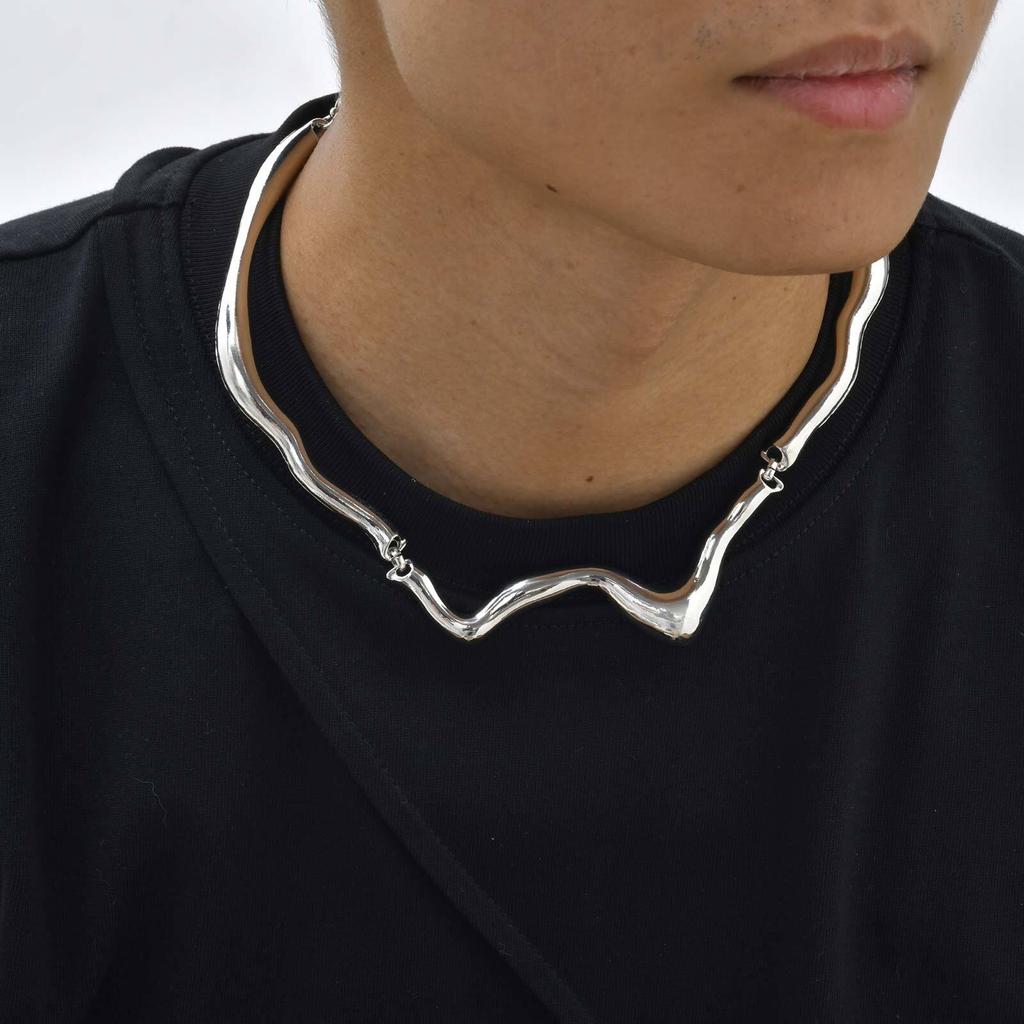 Vnox Punk Metal Irregular Twisted Wave Necklace for Men, Vintage Sliver Color Liquid Alloy Geometric Adjustable Choker Jewelry