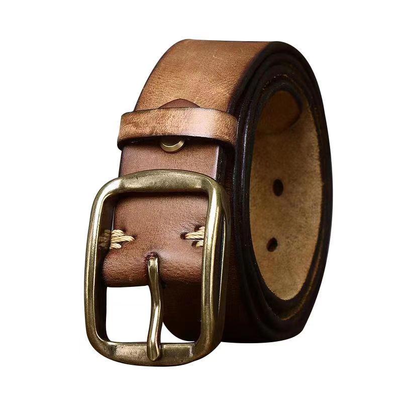 3.8CM Men's Retro Distressed Leather Belt, Genuine Leather Pin Buckle, Top Layer Cowhide, Casual Korean Style for Jeans.