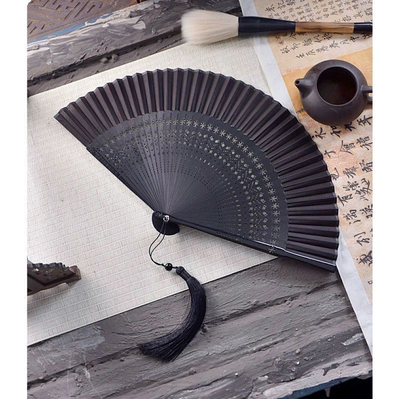 Chinese Bamboo Hand Fan Ventilador Portable Vintage Folding Black Silk Fan Classical Men Women Performance Prop Hand Fan