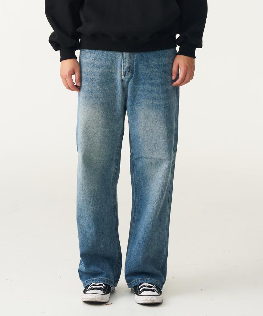 Deobeuleis Half-Banding Wide Denim Pants (Medium Blue)