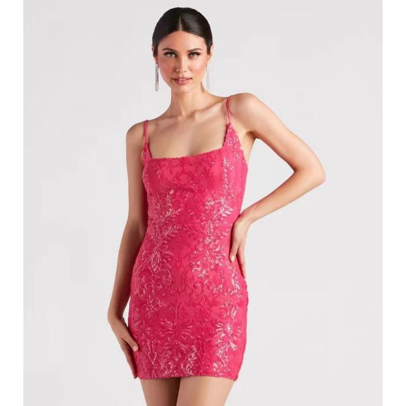 Damen Sexy Pailletten Spaghettiträger Bodycon Slim Fit Mini Abendkleid