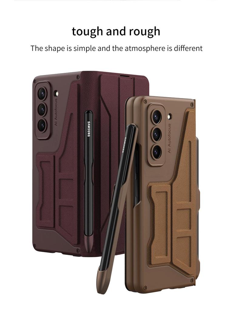 Samsung Z Fold5 Leather Flip Case with Pen Slot - Foldable Screen Protective Cover