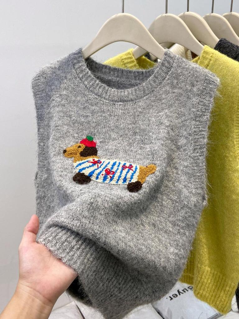 Women's 2025 Spring Cartoon Dachshund Knitted Sleeveless Vest - Western Style Waistcoat Sweater