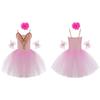 Girls Ballet Dance Dress, Sleeveless Tutu with Spaghetti Straps, Rhinestone & Lace Decor, Mesh Skirt + Headdress & Ruffle Band