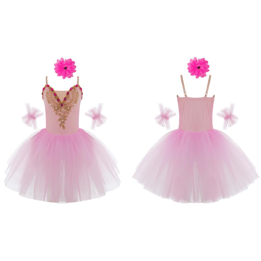 Girls Ballet Dance Dress, Sleeveless Tutu with Spaghetti Straps, Rhinestone & Lace Decor, Mesh Skirt + Headdress & Ruffle Band