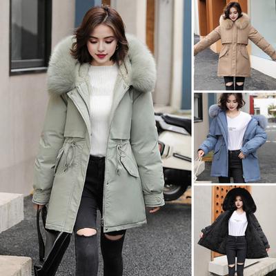 Winter Down Coat Thickened Padded Plush Hood Mid Length Windproof Pockets Long Sleeves Adjustable Drawstring Daily Outwear Cotton Jacket