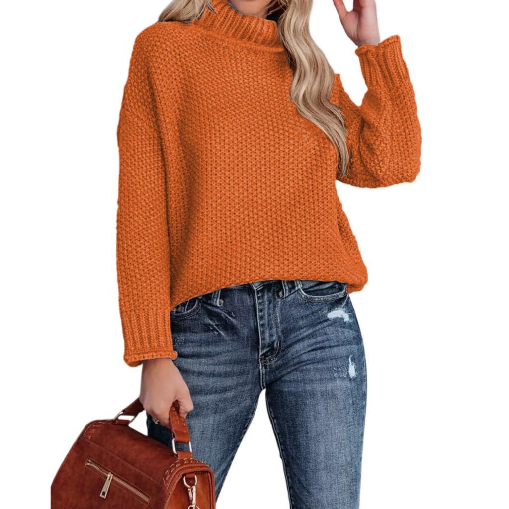 Fashionable Women's High-neck Knitted Sweater With Long Sleeves And Rolled Hem