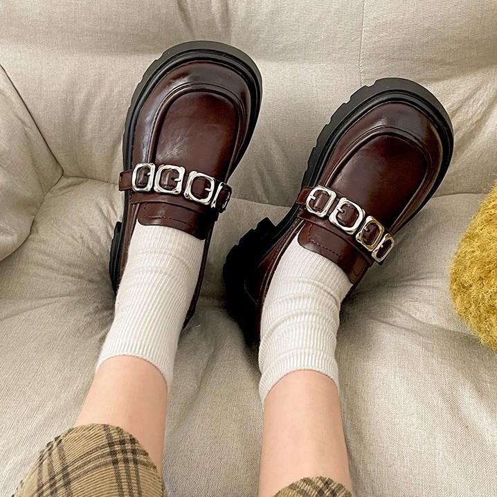 Brown British Style Thick Heel Platform Small Leather Shoes Women's 2025 New Autumn and Winter Versatile Height Increase One Pedal Loafers