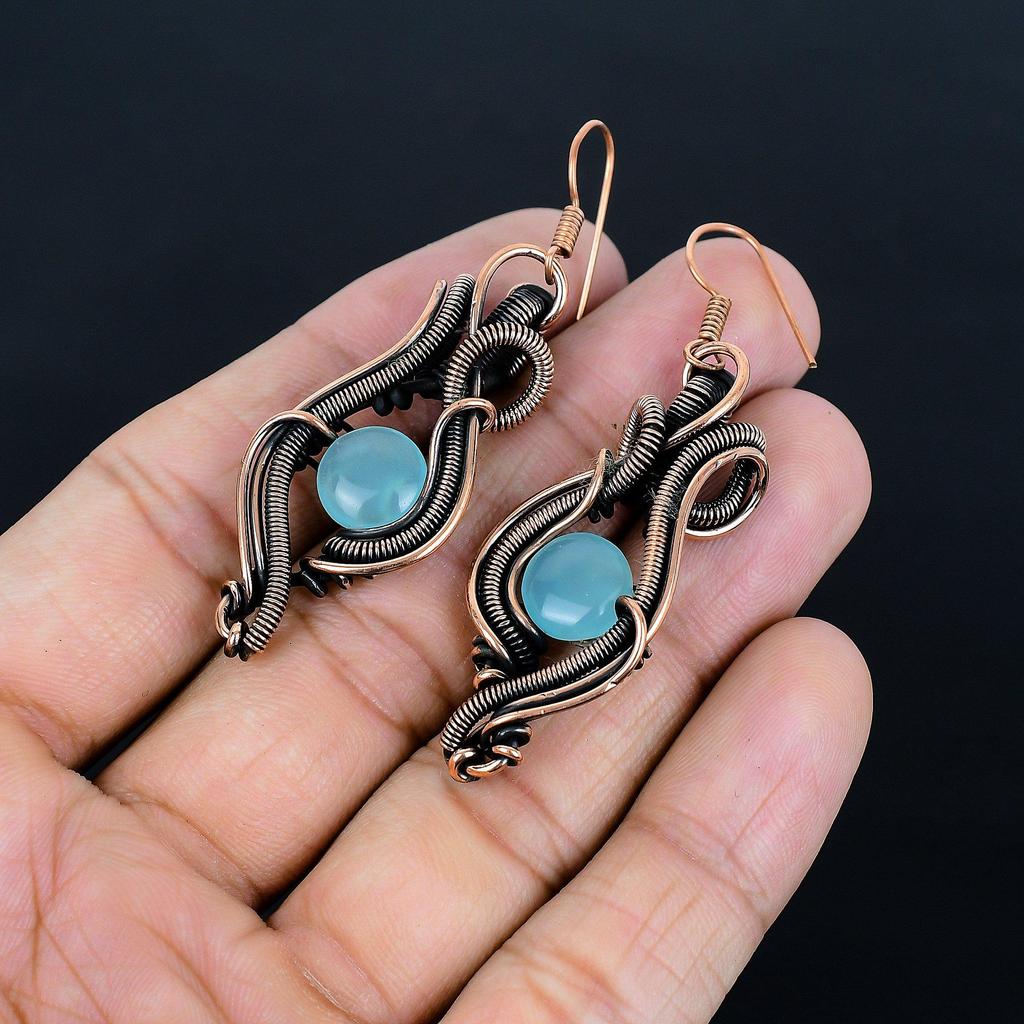 Blue Chalcedony 999 Copper Wire Wrapped Earrings, Handmade Gemstone Earrings Jewelry, Gifts For Wife Brand New Earrings