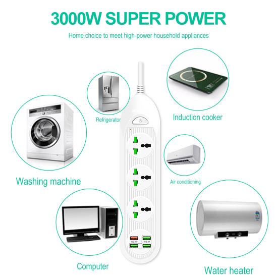 Power Strip 3000W 3 Widely Spaced Outlets 4 USB Charging Ports