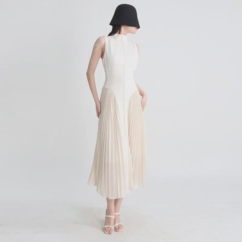 2025 Spring French Style Sleeveless Contrast Stitch Pleated Dress