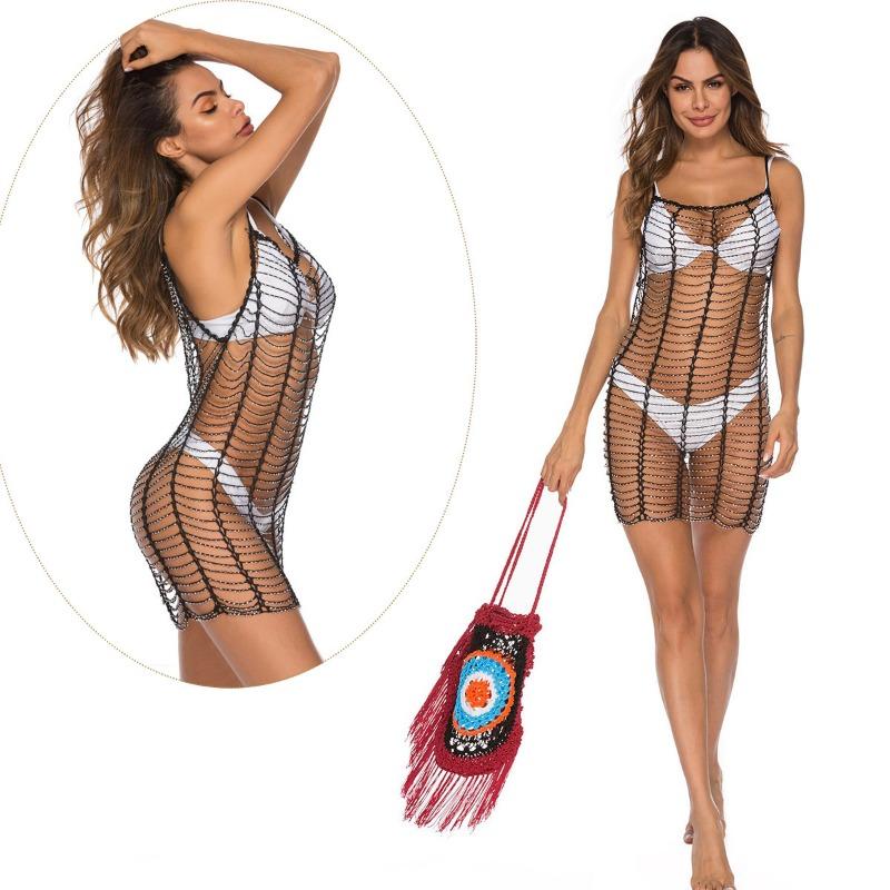 Dámské korálkové čisté, ručně zaháčkované sexy košilové šaty s vyhloubeným povrchem plážové zakrytí