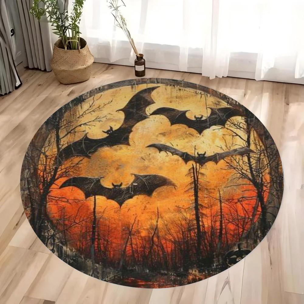 1pc Halloween Rug Bat Pumpkin Printed for Halloween Floor Decoration Non-Slip Round Rug Entrance Mat Living Room Bedroom Decor